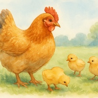 Gallina de granja con sus pollitos  pastando libremente